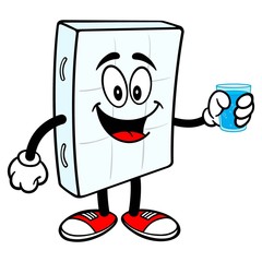 Bed Mattress Mascot with a cup of Water - A vector cartoon illustration of a bedroom mattress mascot holding a cup of Water.