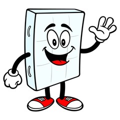 Bed Mattress Mascot Waving - A vector cartoon illustration of a bedroom mattress mascot.