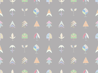Seamless vector pattern. symmetrical background with hand drawn decorative trees. Cute pastel colorful print. Graphic design, illustration for wrapping, wallpaper, fabric, packaging, textile
