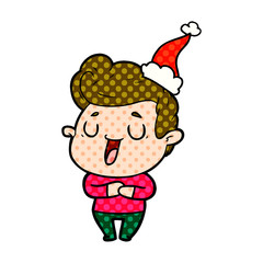 happy comic book style illustration of a man wearing santa hat