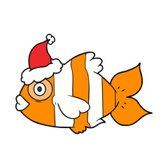 line drawing of a exotic fish wearing santa hat
