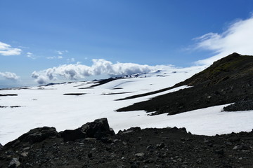 Amazing snow and rock landscape on Fimmvörduhals mountain pass, Iceland