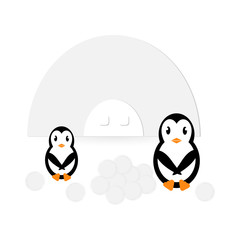 Vector illustration of penguin and his snowy house icons, graphic elements in flat style. - Vector