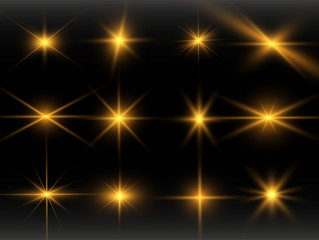 Set of gold bright beautiful stars. Light effect Bright Star. Beautiful light for illustration. Christmas star. White sparks sparkle with a special light. Vector sparkles on transparent background