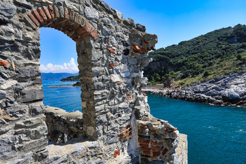 Doria Castle and church of St. Peter, San Pietro sit above the Ligurian village of Porto Venere (Portovenere) Italy.  This is a UNESCO World Heritage site.