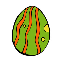 Cartoon style vector illustration of green, red and yellow easter egg. Great design elements for icon, sticker, card, print, poster. Unique, fun drawing isolated on white background. Holiday concept