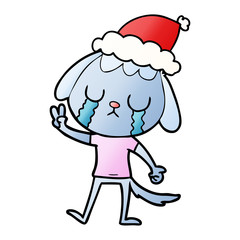 cute gradient cartoon of a dog crying wearing santa hat
