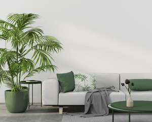 Interior with white sofa and green pillows - obrazy, fototapety, plakaty