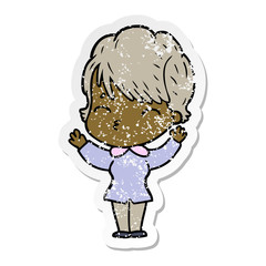 distressed sticker of a cartoon woman thinking