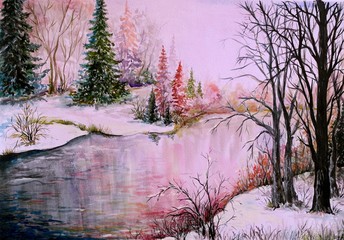 Watercolor paintings, fine art, trees in winter