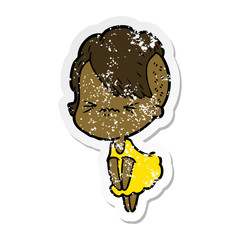 distressed sticker of a cartoon annoyed hipster girl