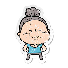 distressed sticker of a cartoon annoyed old lady