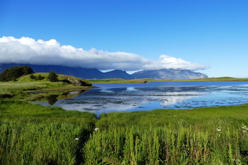 Scenic lake by the campsite in Höfn, Iceland