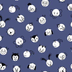Polka dot animals seamless vector background. Cute kids pattern white circles with animal faces on blue. Simple doodle design for children.  Use for  kids decor, wallpaper, fabric.