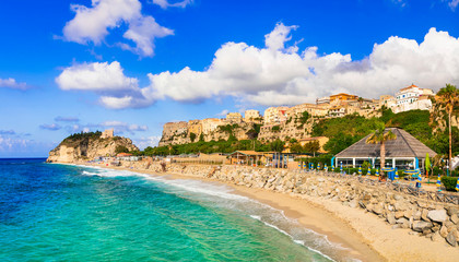 Italy,  Calabria region, Tropea town -view of town and beautiful beach. Italy