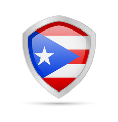 Shield with Puerto Rico flag on white background. Vector illustration.