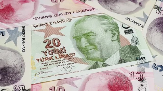 Turkey currency lira notes rotating. Turkish money close up. Low angle. Stock video footage.