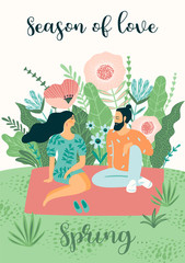 Cute illustration with people and spring nature.