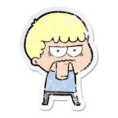distressed sticker of a cartoon annoyed man