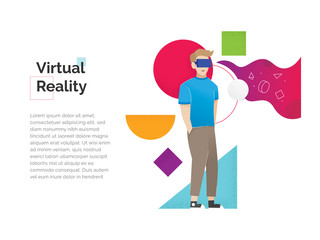 Virtual reality illustration. Augmented reality concept banner with character. Man wearing virtual reality goggles. Into virtual reality world, Future technology - Vector illustration