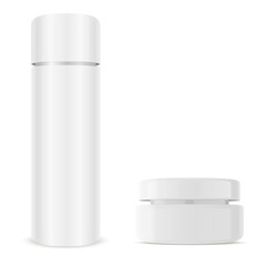 Cream Jar, Cosmetic Bottle Set. Glass Pack Mockup. Beauty Care Realistic Cosmetics Package for Face or Hand Skin, Hair Volume, Styling. Luxury 3d Tube Illustration.