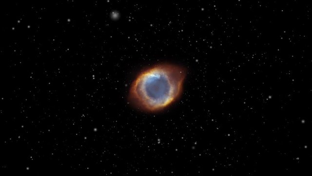 Ring nebula Messier 57 exploration on deep space, burst and clouds, 3d animation. Contains public domain image from Nasa
