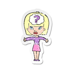 retro distressed sticker of a cartoon woman with question