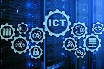 ICT. Information and communications technology on modern server room background. Virtual screen.