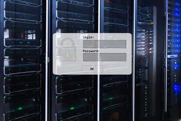 Server room, login and password request, data access and security.