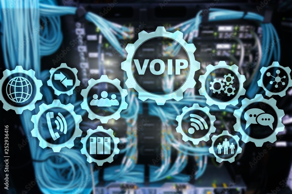 Poster voip voice over ip on the screen with a blur background of the server room. the concept of voice ove