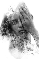 Paintography. Double Exposure portrait of a young beautiful woman combined with hand drawn ink painting created using unique technique. Black and white