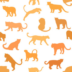 Seamless pattern of hand drawn sketch style silhouettes of leopards isolated on white background. Vector illustration.