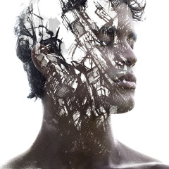 Paintography. Double exposure of an attractive male model combined with hand drawn ink paintings...