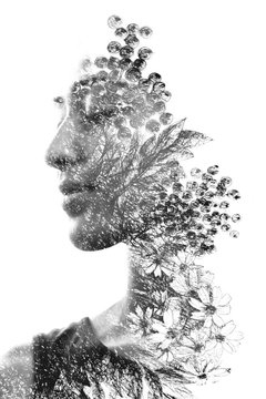 Paintography. Double Exposure portrait of a beautiful ethnic woman's profile combined with hand made drawing with floral motifs. black and white