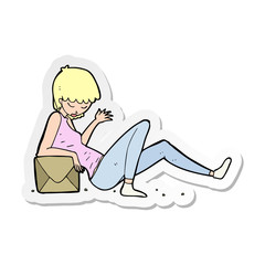 sticker of a cartoon woman leaning on package box