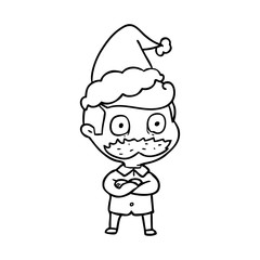 line drawing of a man with mustache shocked wearing santa hat