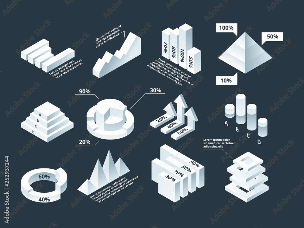 Poster graphic isometric. infographic business diagram charts stats shapes vector empty infographic templat