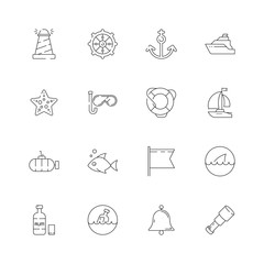 Nautical collection. Marine ocean sea shipping sailing symbols adventure captain cap boat wheel fish vector thin line icon. Ocean and sea boat, travel yacht, submarine and bell illustration
