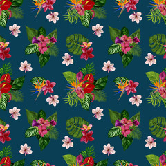 Pattern with tropical flowers and leaves. Watercolor illustration. 