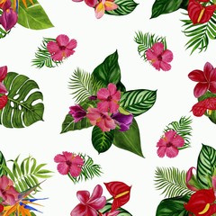 Pattern with tropical flowers and leaves. Watercolor illustration. 