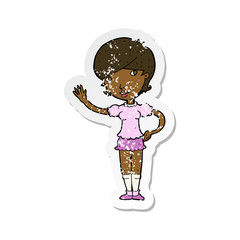 retro distressed sticker of a cartoon girl waving