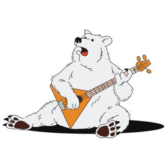 Cartoon bear with balalaika sitting on the floor and singing Russian folk songs