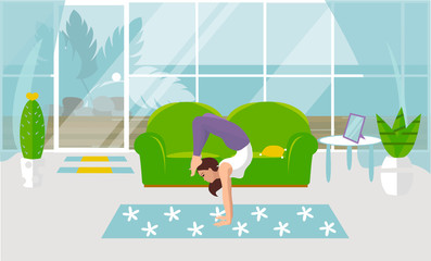Vector illustration of an Asana at the handstand in yoga. Beautiful young woman doing strength exercises at home in a cozy room with a large window. Woman in sporty white t-shirt and leggings relax