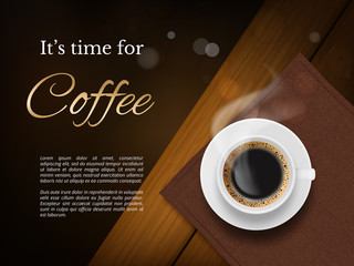 Coffee time poster. Advertizing placard with brown coffee cup and place for text vector picture. Illustration cup of coffee, poster for cafe