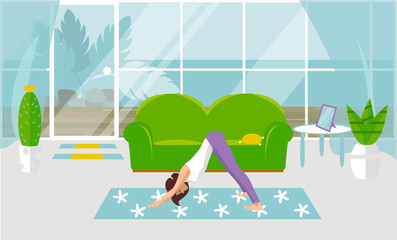 Vector illustration The girl is engaged in yoga in Adho mukha svanasana in a living room. Design of a modern room with furniture and accessories. Large window, glass door, exit to the courtyard