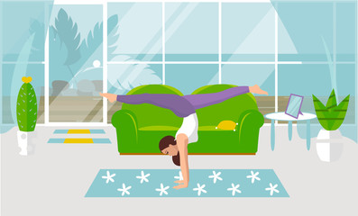 Vector illustration on white background. Handstand asanas with twine in yoga. Beautiful young woman doing yoga strength exercises. Design of a modern room with furniture and accessories