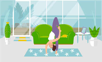 Vector illustration. Handstand standing. Pose standing on one arm and one leg. Beautiful young woman doing yoga strength exercises. Design of a modern room with furniture and accessories