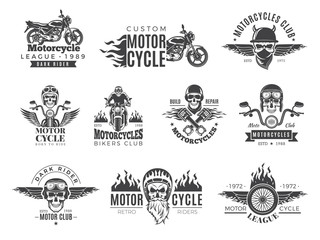 Motorcycle labels. Biker badges with speed symbols engine motor race chopper skull and fire vector pictures collection. Chopper engine, skull in helmet, garage classic emblem illustration © ONYXprj