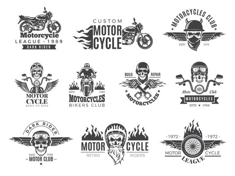 Motorcycle labels. Biker badges with speed symbols engine motor race chopper skull and fire vector pictures collection. Chopper engine, skull in helmet, garage classic emblem illustration