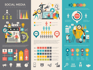 Social media infographic. Work people socializing like rating sharing vector graphic social design template. Social media stats information illustration - obrazy, fototapety, plakaty